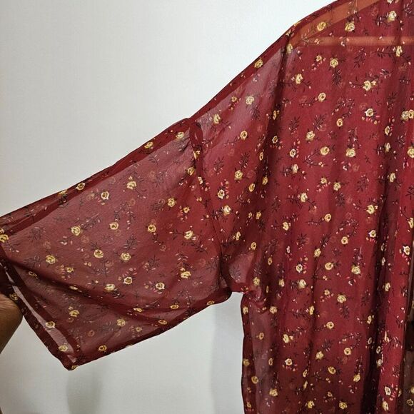 NEVER WORN TIME AND TRU RED DITSY FLORAL LONG BELTED KIMONO CARDIGAN SIZE SMALL - Picture 4 of 14